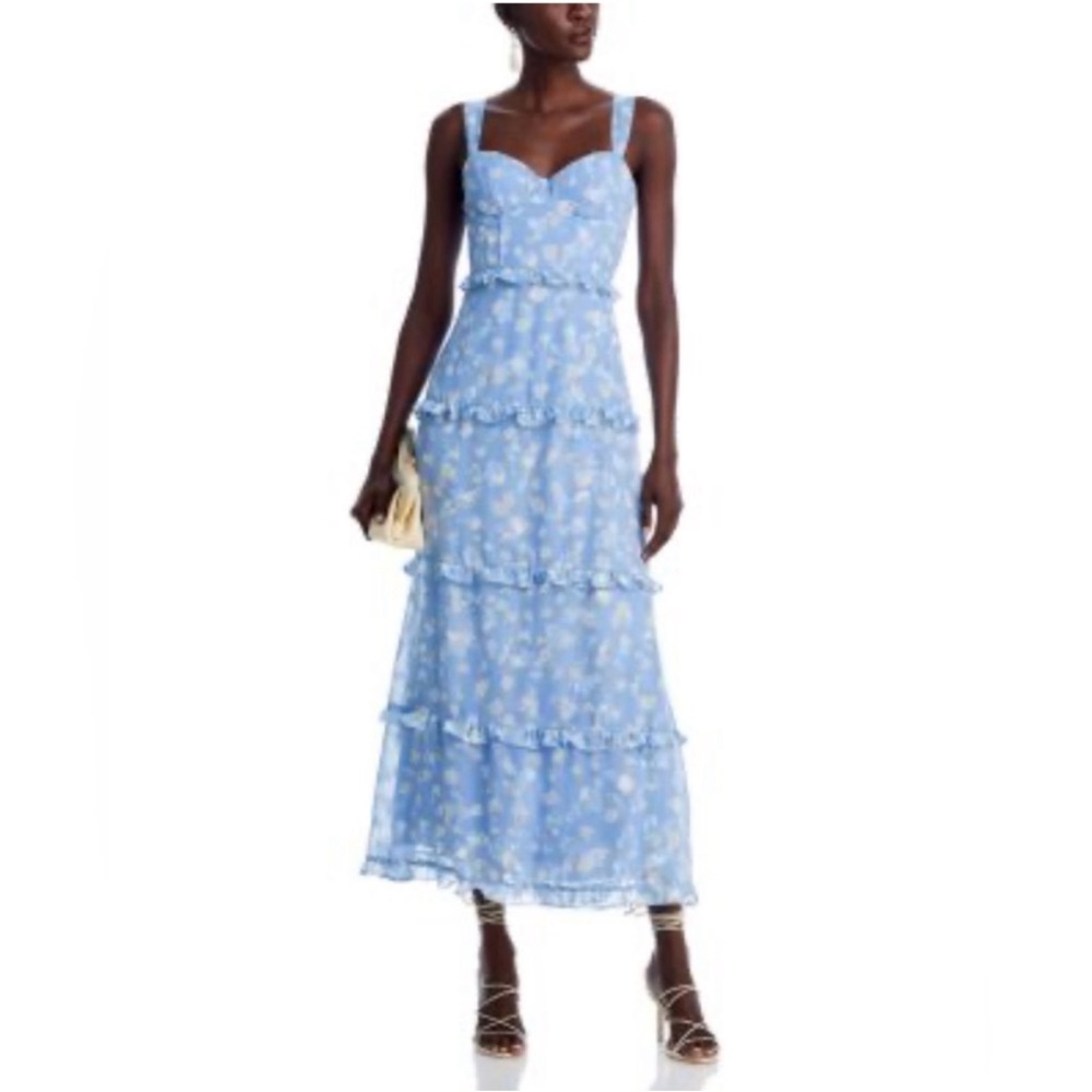 Aqua Light Blue Floral Tiered Maxi Dress